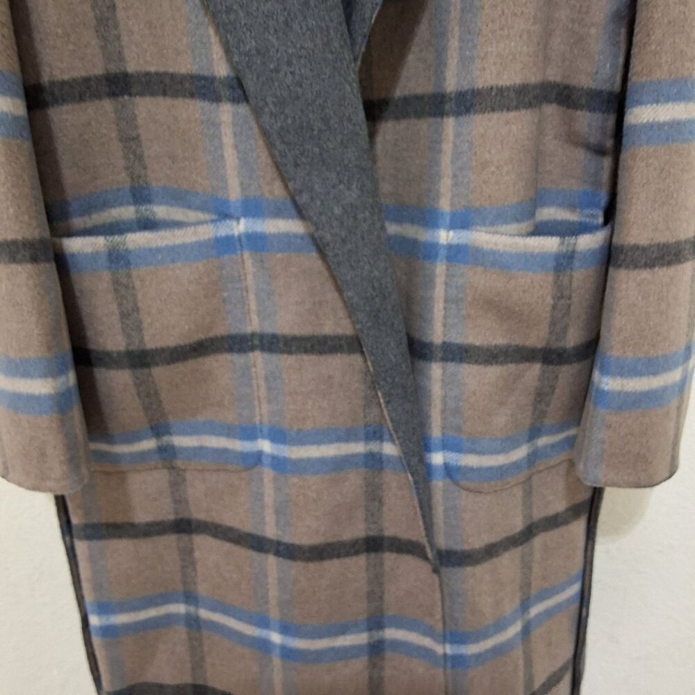 Elie Tahari Wallace‎ Plaid Full-Length Wrap Coat Womens L Cathedral Blue Preppy - Picture 4 of 7